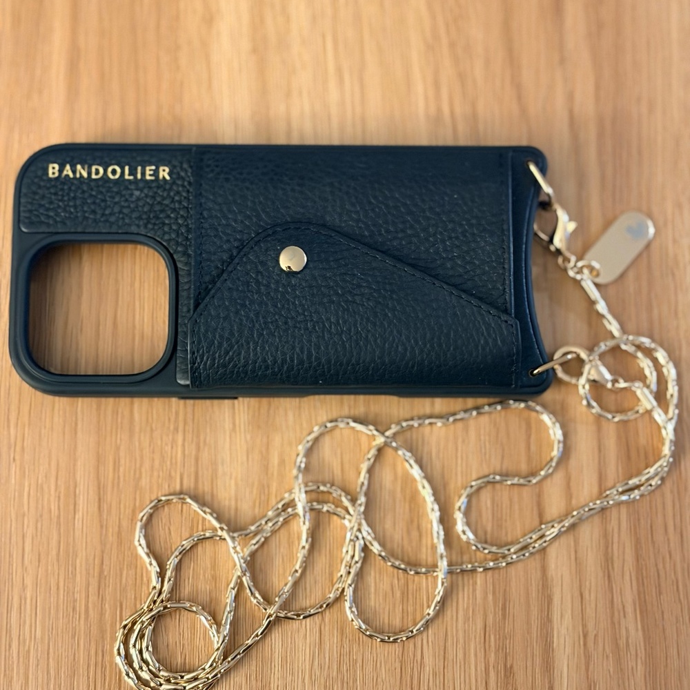 Bandolier Black Leather Phone Case with Gold Chain